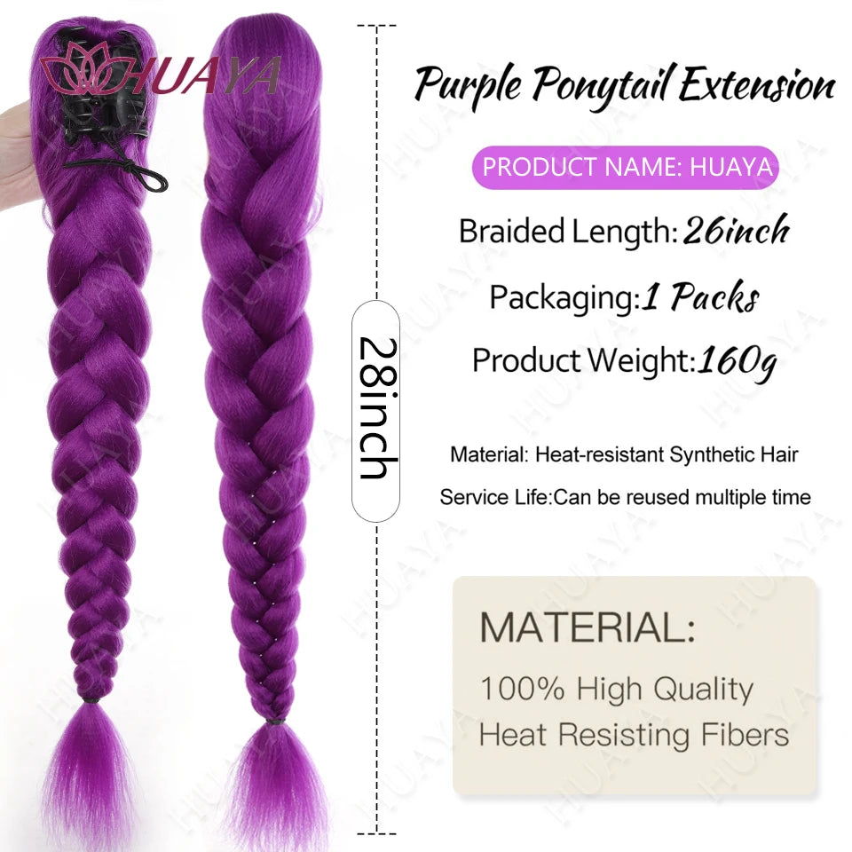 Purple Braided Clip In Synthetic Ponytail Extensions For Women