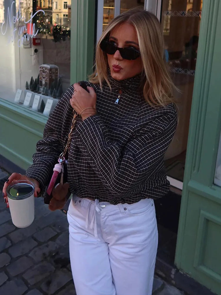 Vintage Plaid Women 's Jacket Elegant Lapel Patchwork Full Sleeve Zipper Cropped Jackets Lady 2026 Woman Spring Coats Outwears