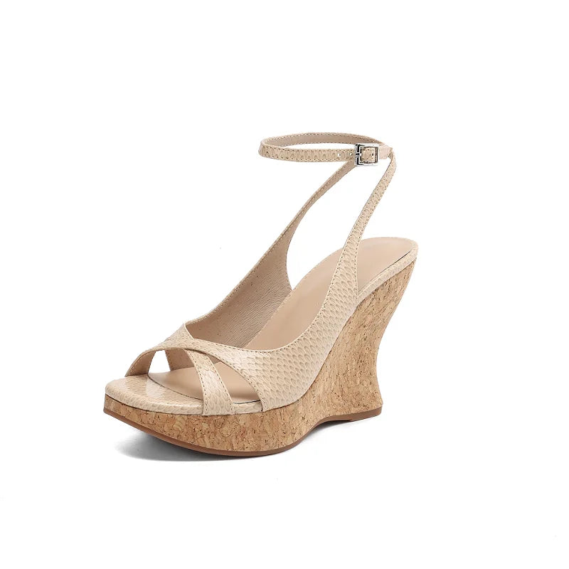 Snakegrain Textured Buckle Platform Wedge Sandals for Women