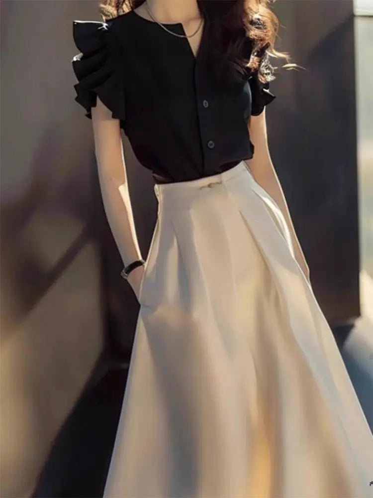 Woman Outfit Chiffon Beach Long Sleeve Skirt Black 2 Pieces Sets for Women Elegant Casual Stylish Y2k Clothes Chic New Matching