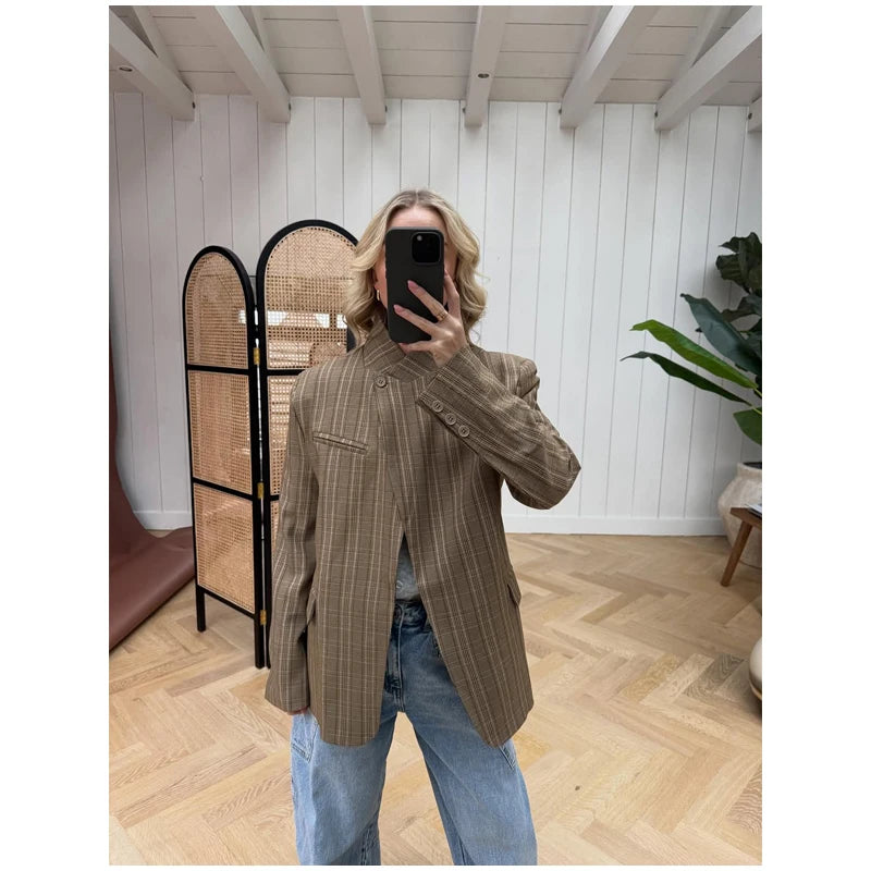 Vintage Plaid Lapel Blazer and Shorts Set for Women