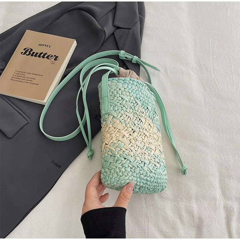 Brand Gradient Raffia Crossbody Bag Straw Drawstring Bohemian Summer Beach Travel Design Shoulder Bag Shop Basket Crossbody Bag