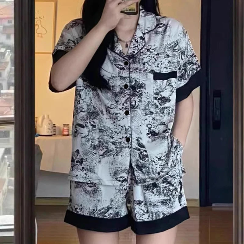Chinese Elegant Ink and Wash Painting Women's Pajamas Ancient Style Classical Flavor Sleepwear 2024 New Summer Fashion Nightgown