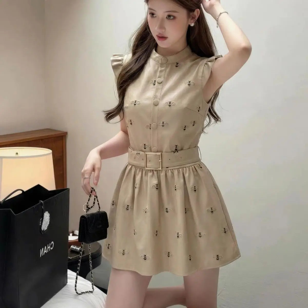 Stand Collar Slim Fit Midi Dress With Sash for Women