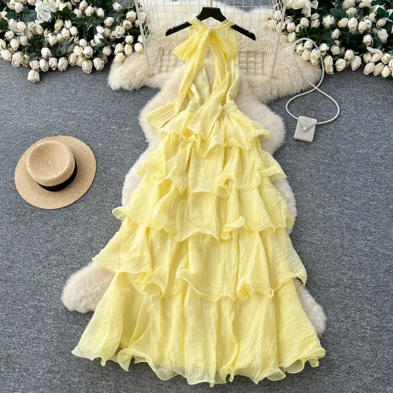 Sleeveless Halter Neck Ruffled Midi Dress for Women
