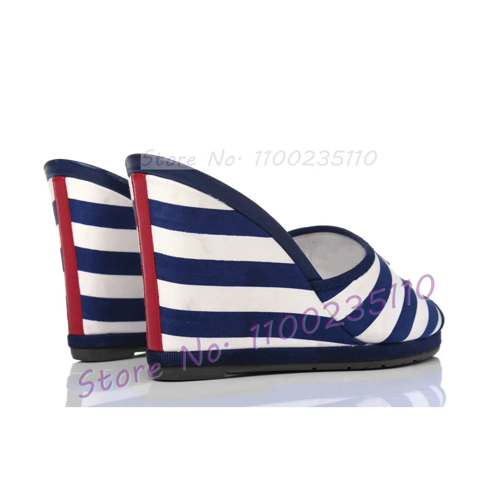 Elegant Red Stripe Canvas Open Toe Wedge Mules For Women