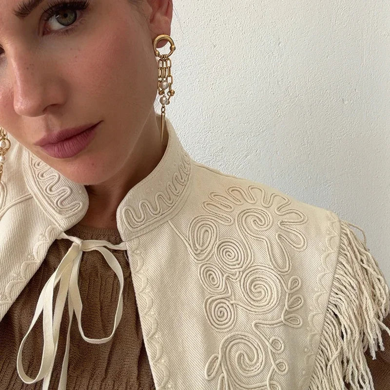 Stylish Boho Embroidered Tassel Fringe Shawl For Women