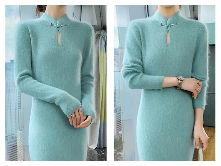 Cashmere Knit Dress with Stand Up Collar and Buckle for Women