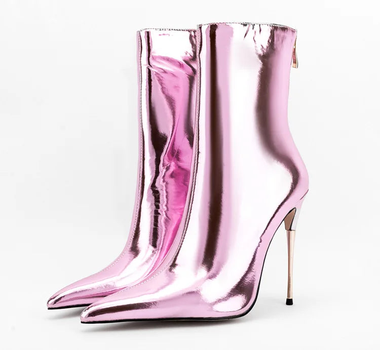 Shiny Blue Mirror Stiletto Boots with Side Zipper for Women