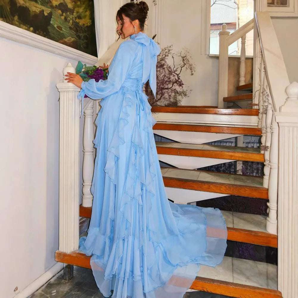 Light Blue Solid Color Long Lantern Sleeve Floor Length Dress for Women
