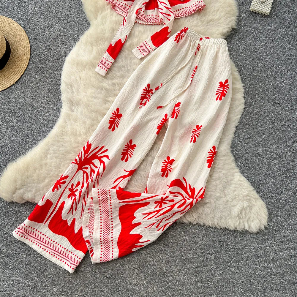 Boho Print Lace-Up Tank Top and Wide-Leg Pants Set for Women