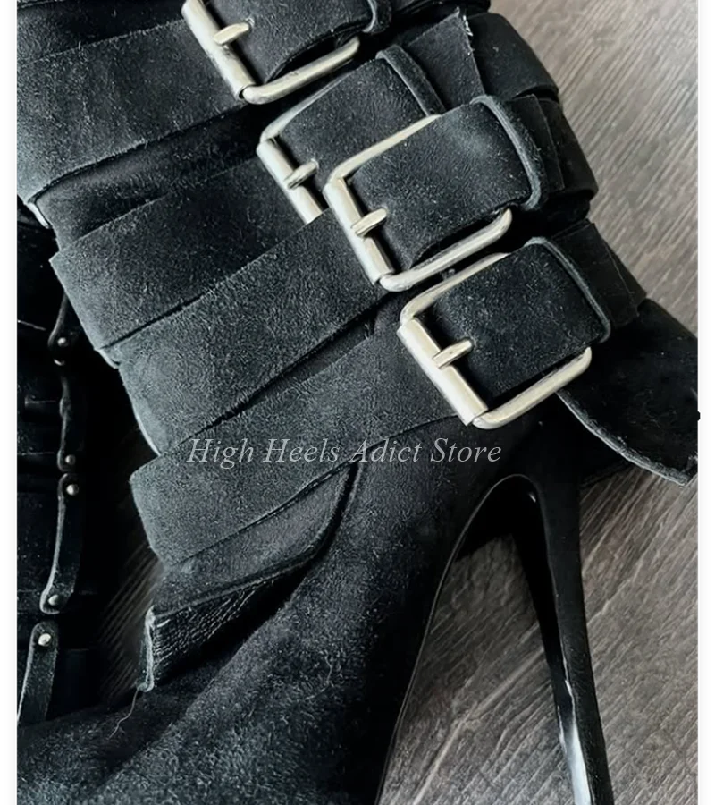 Black Suede Buckle Mid Calf Boots