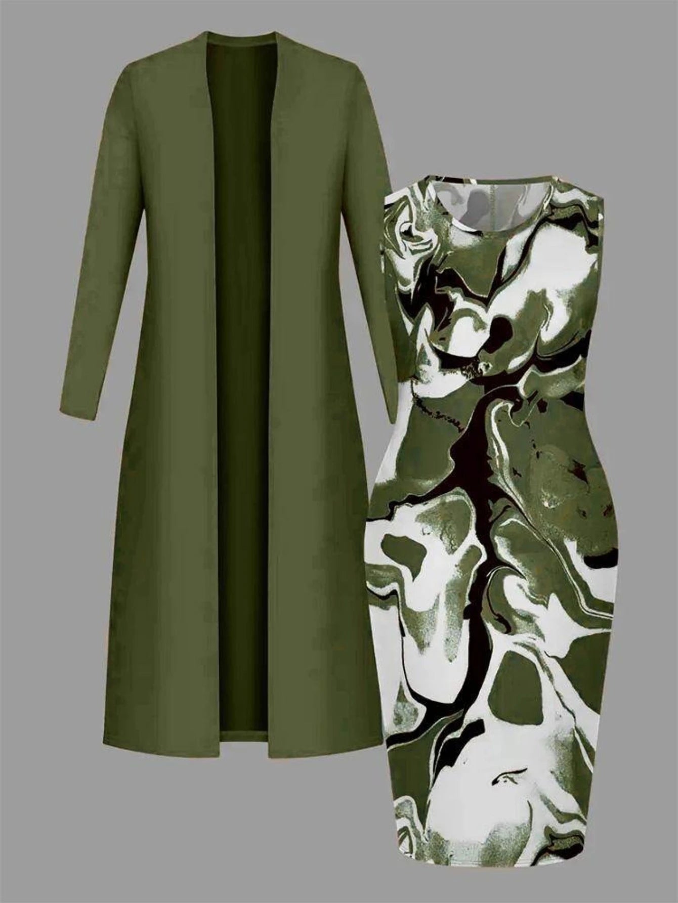 Long Sleeve Open Front Long Cardigan And Marble Print Sleeveless Midi Dress Two Piece Casual Outfit Set For Women