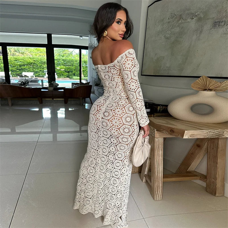 Floral Knitted Crochet Beach Dress Women Vacation Long Sleeve Hollow Out See Through Off the Shoulder Bodycon Maxi Dress Holiday