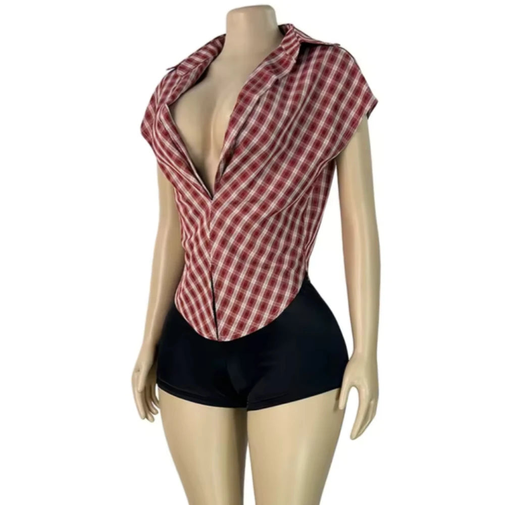 Plaid Print Deep V Neck Sleeveless Hollow Two Piece Set for Women
