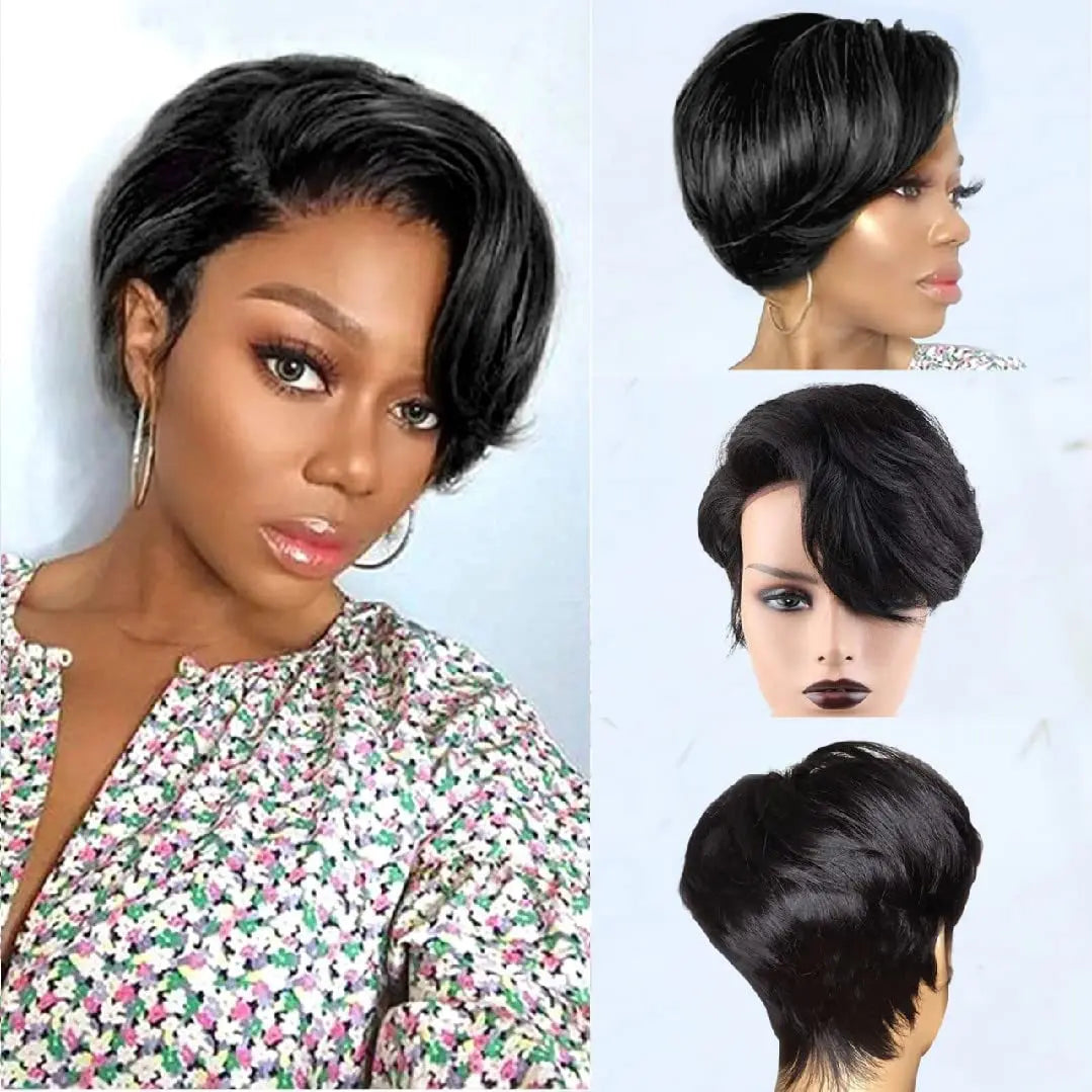 Layered Straight Pixie Cut Human Hair Lace Front Wig for Women