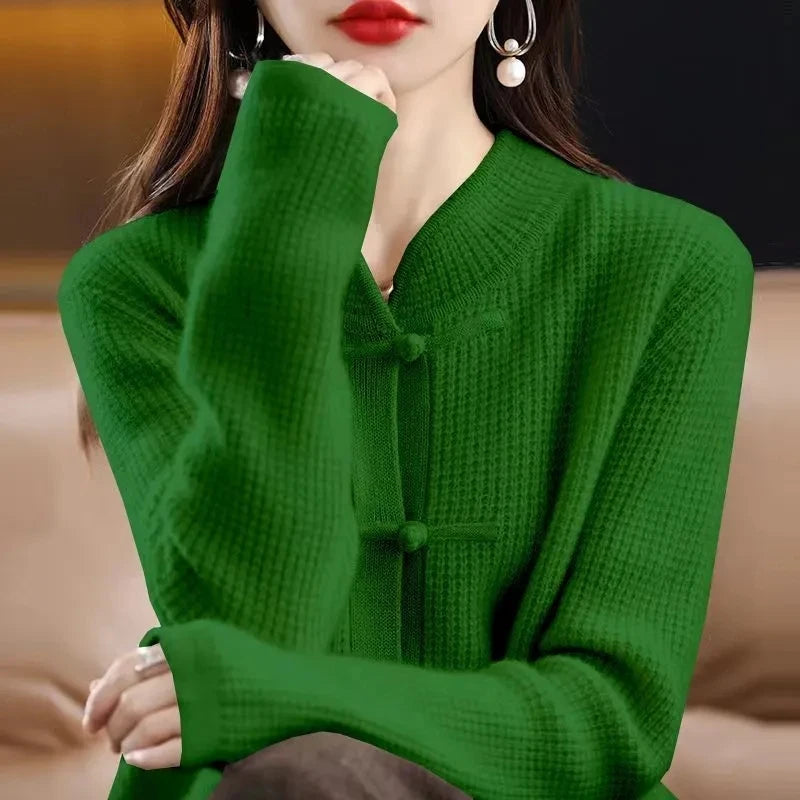 Vintage Knitted Cardigan Women's Thickened Half High Collar frog Loose Slim Sweater Coat Chinese Style Top Autumn And Winter N