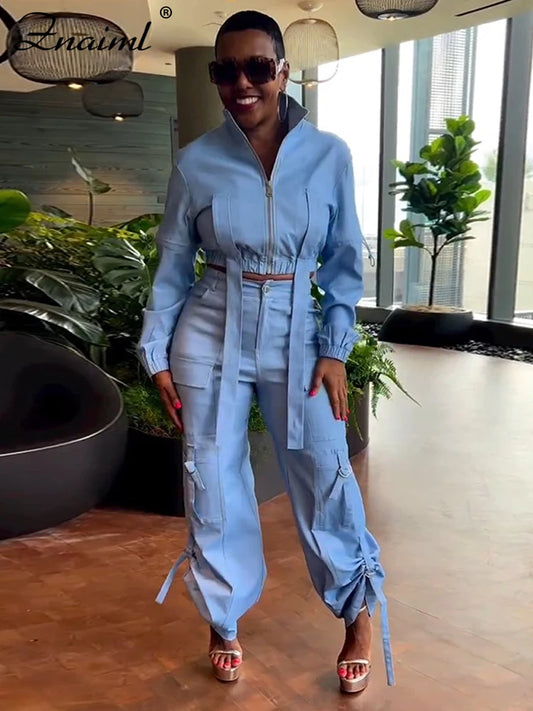 Znaiml Safari Style Streetwear Women Two 2 Piece Set Long Sleeve Zip Bandage Top and Multi-pockets Cargo Pants Matching Outfits