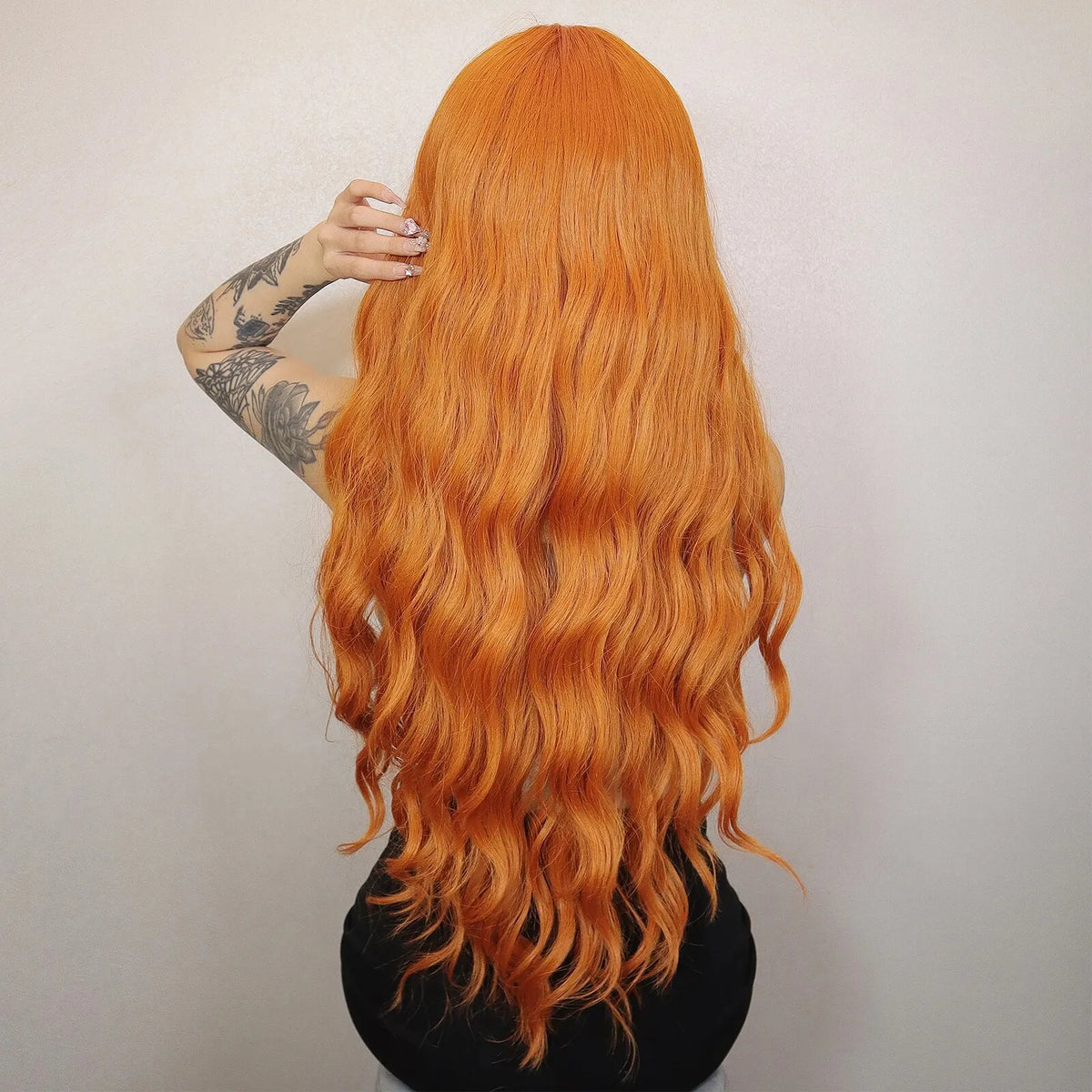 Long Water Wave Orange Synthetic Wig With Bangs for Women