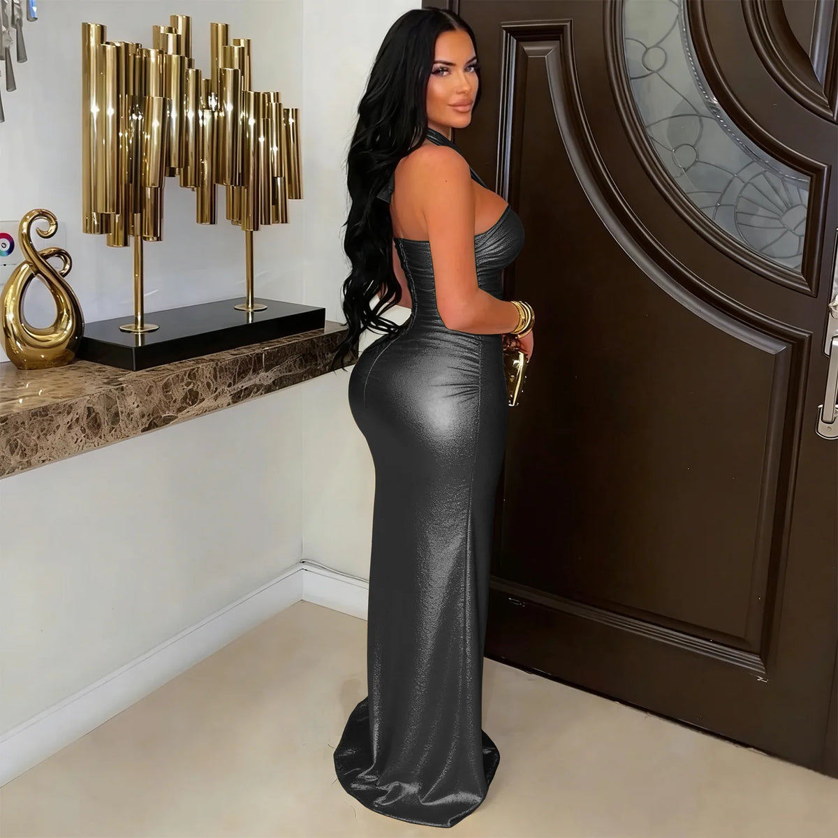 Sleeveless Halter Backless Slit Bodycon Maxi Dress for Women