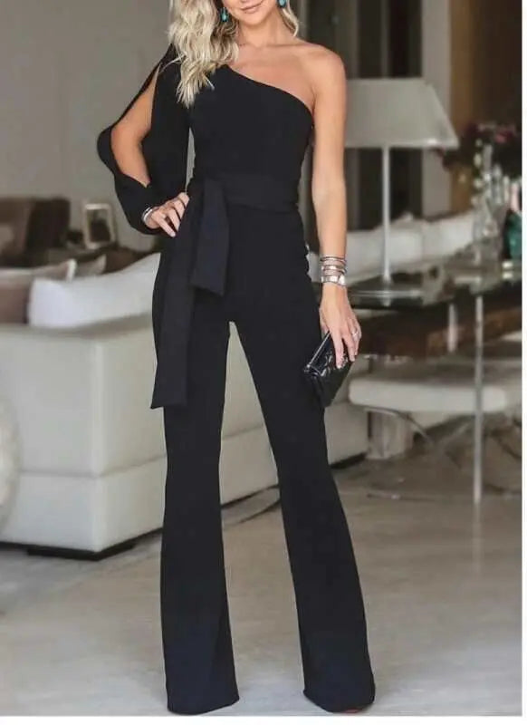 Solid Color Off-Shoulder Lace-Up Slim High Waist Jumpsuit for Women