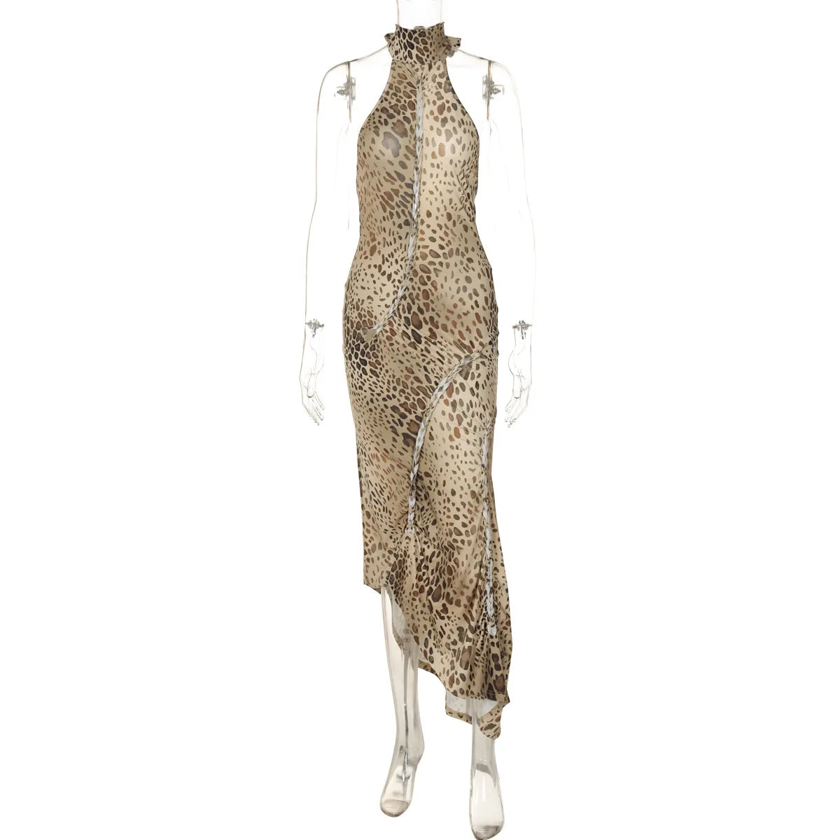 Halter Neck Leopard Print Backless Maxi Dress for Women