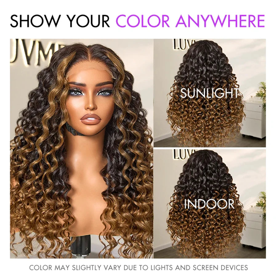 Fluffy Brown Ombre Highlights Water Wave Wig Glueless 5x5 6x6 HD Lace Closure Wigs Curly Human Hair 13x6 HD Lace Frontal Wigs