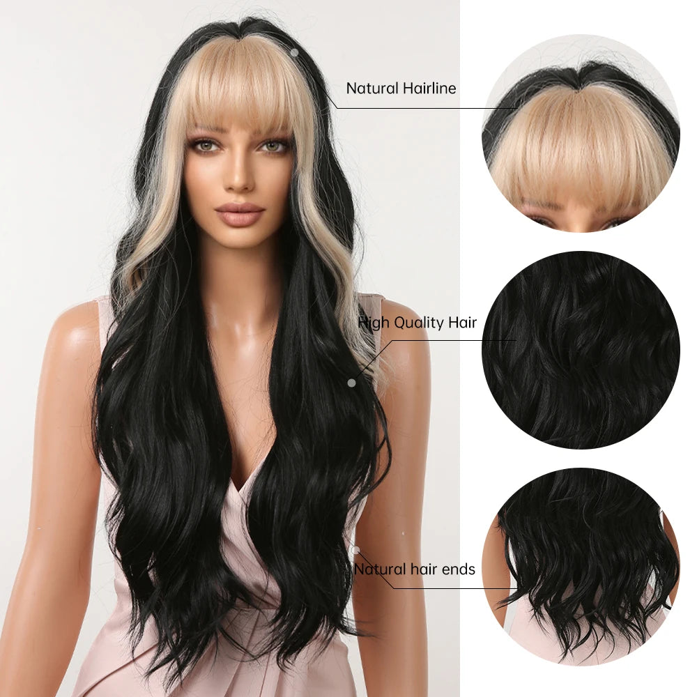 Long Wavy Black Synthetic Wig With Blonde Bangs for Women