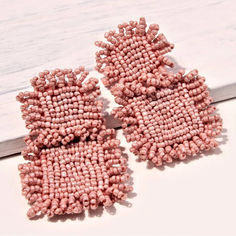 Bohemian Beaded Square Fringe Drop Earrings for Women