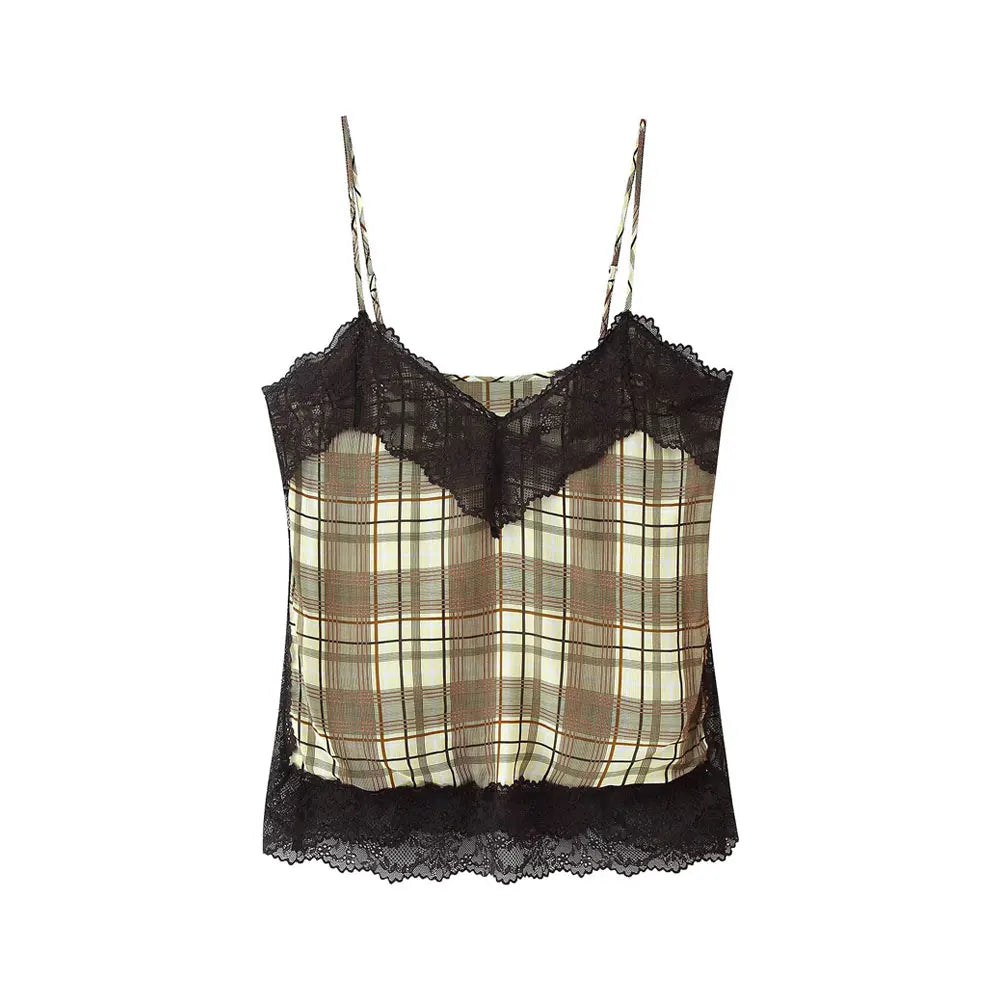 Lace V Neck Plaid Sleeveless Backless Cami Top for Women