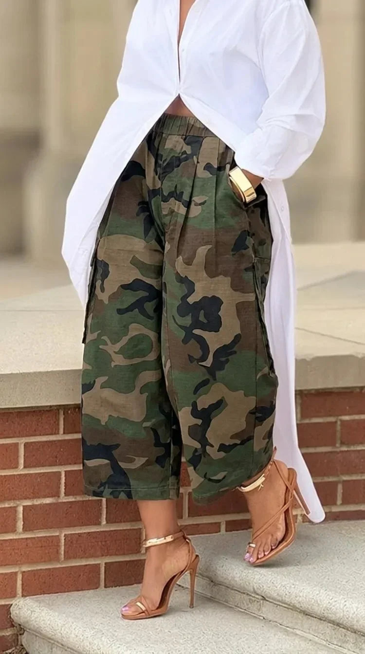Women Camo Printed Capri Cargo Pants High Waist Loose Wide Leg Casual Streetwear Cropped Trousers