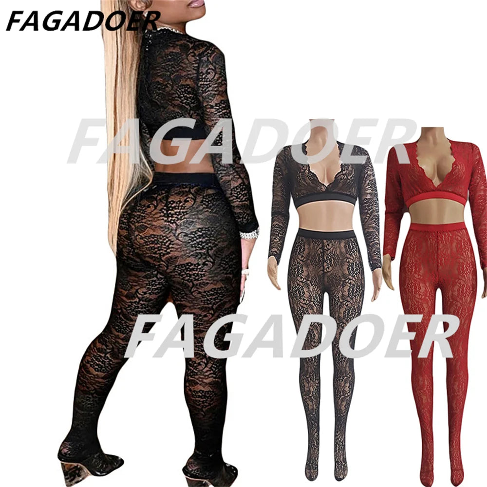 Lace Sheer Two Piece Set With Deep V Crop Tops for Women