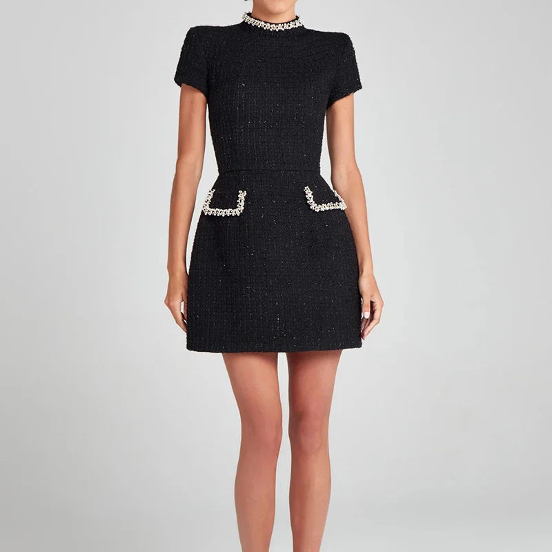 Summer Autumn Patchwork Slim Fit Party Dress, Women 2025 Vintage Backless O Neck Mini Dress, Sexy Sleeveless Pocket Ladies Dress