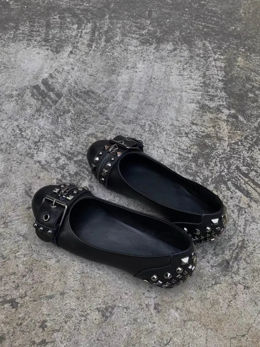 Black Studded Leather Lace Up Round Toe Flat Shoes For Women