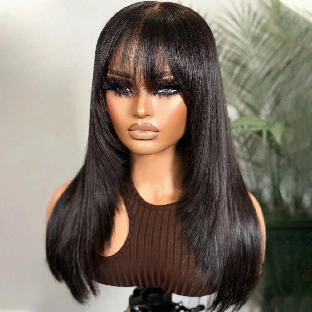 Natural Straight Layered Lace Front Wig With Bangs for Women