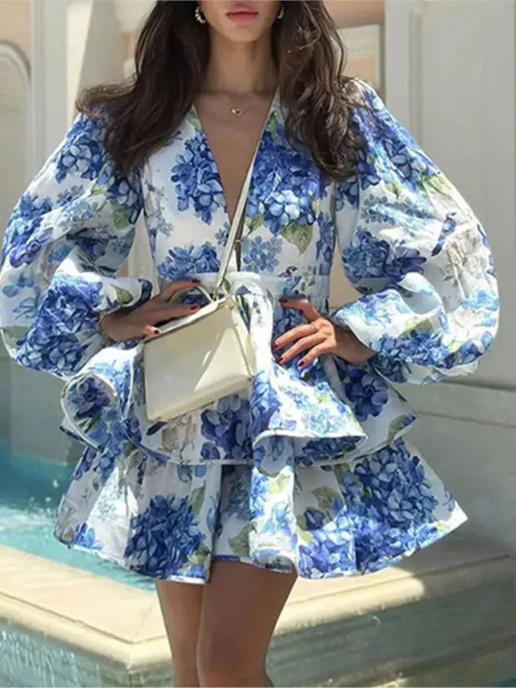 Elegant Deep V Neck Bubble Long Sleeve Patchwork Printed Mini Dress for Women