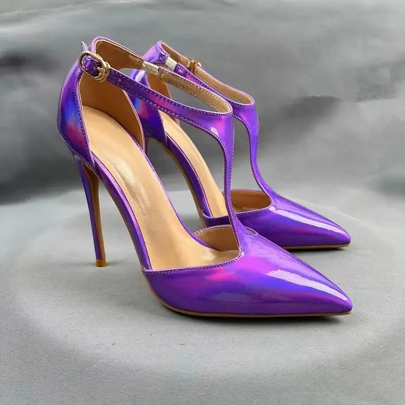Gradient Purple T Strap Pointed Toe High Heel Pumps for Women