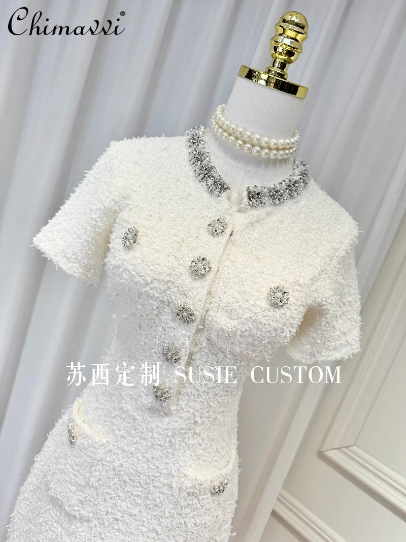 High-End Heavy Beaded Rhinestone Round Neck Slim Fit Bodycon Dress Autumn New Fashion Short Sleeve Elegant Party Women's Dress