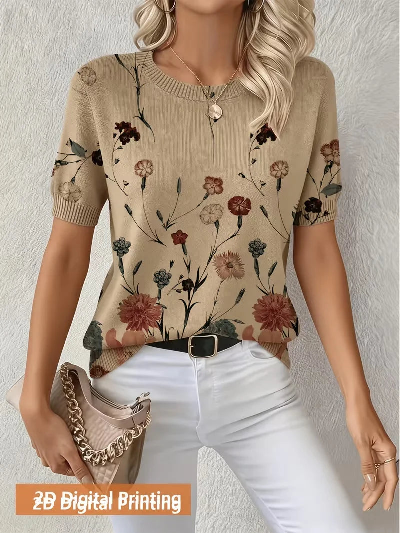 Trendy Digital Print Short Sleeve Pullover Top for Women