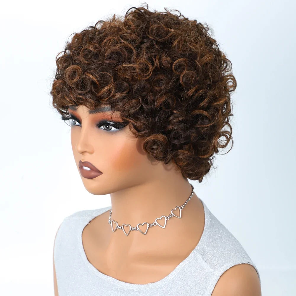Short Kinky Curly Pixie Bob Human Hair Wig for Women