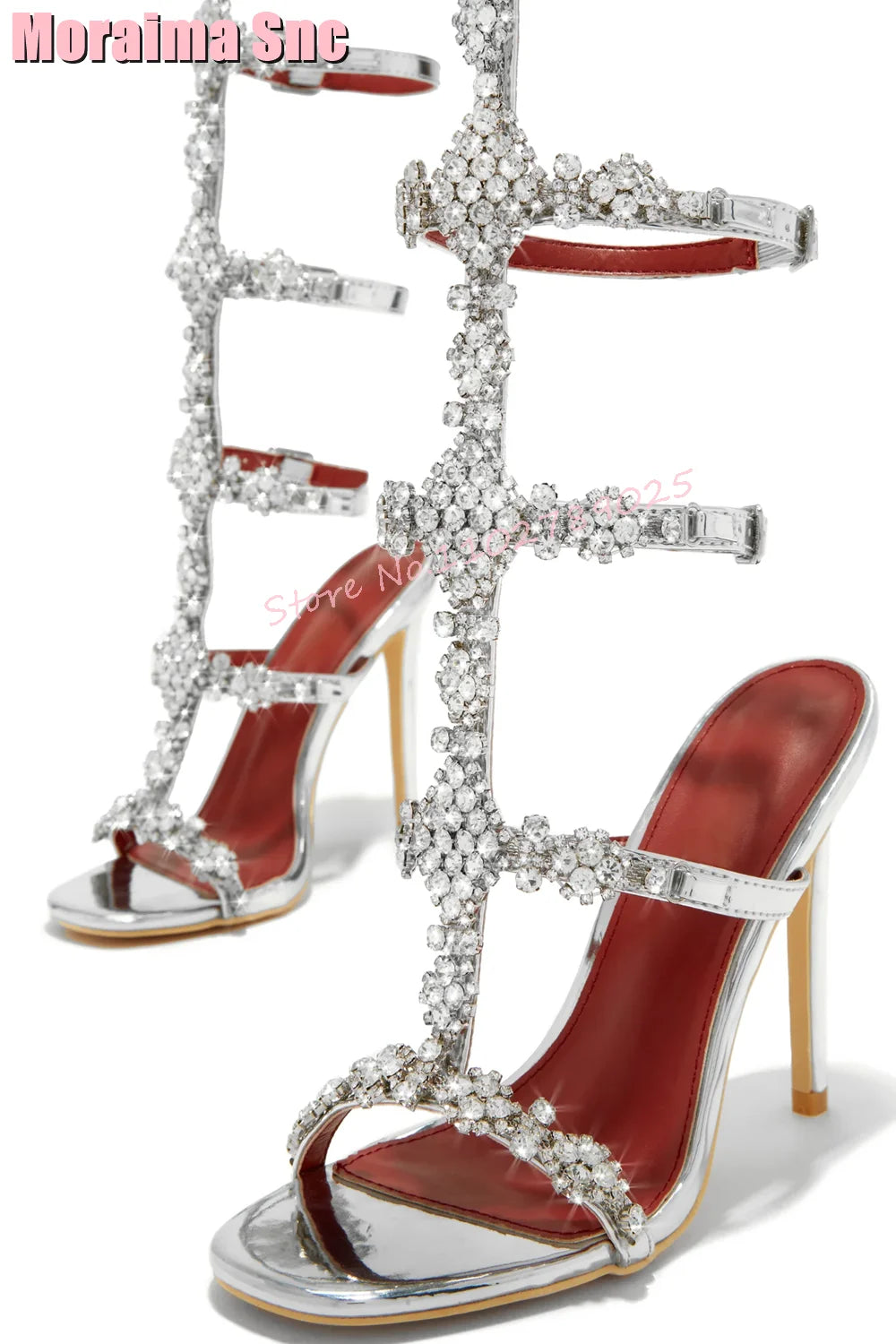 Elegant Crystal T Strap Open Toe Stiletto Sandals for Women