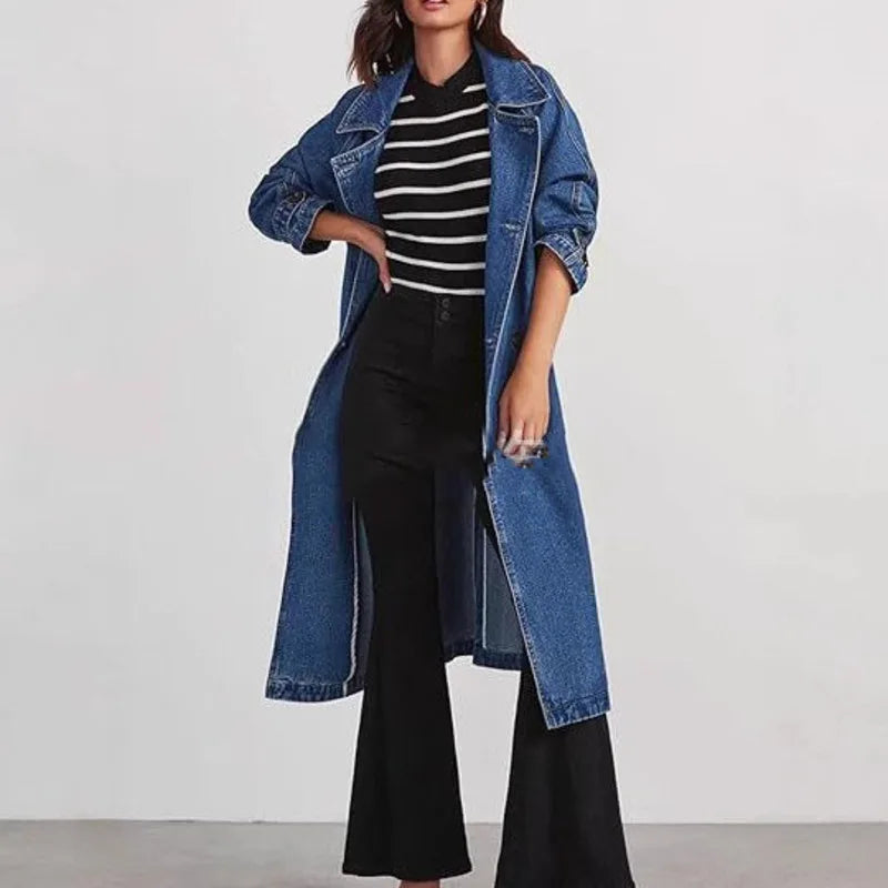 ANJY Autumn Winter New Women Fashion Elegant Denim Trench Coat Ins Streetwear Turn-Down Collar Lace-Up Button Long Jacket A13025