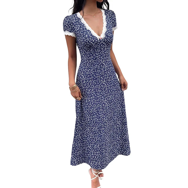Elegant Patchwork Lace Midi Dress with Casual Print for Women