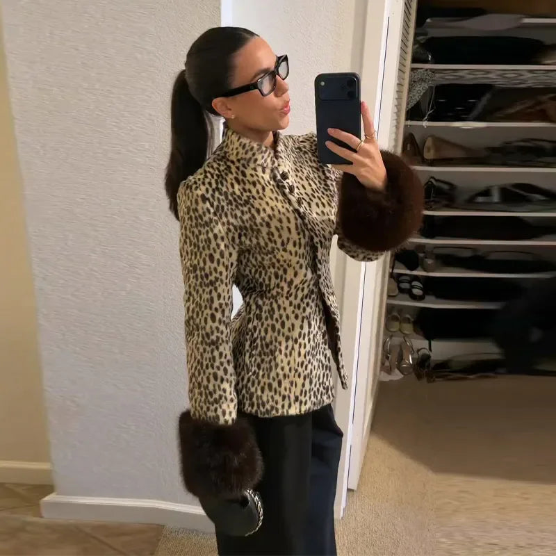 Fitted Vintage Leopard Patchwork Faux Fur Coat for Women