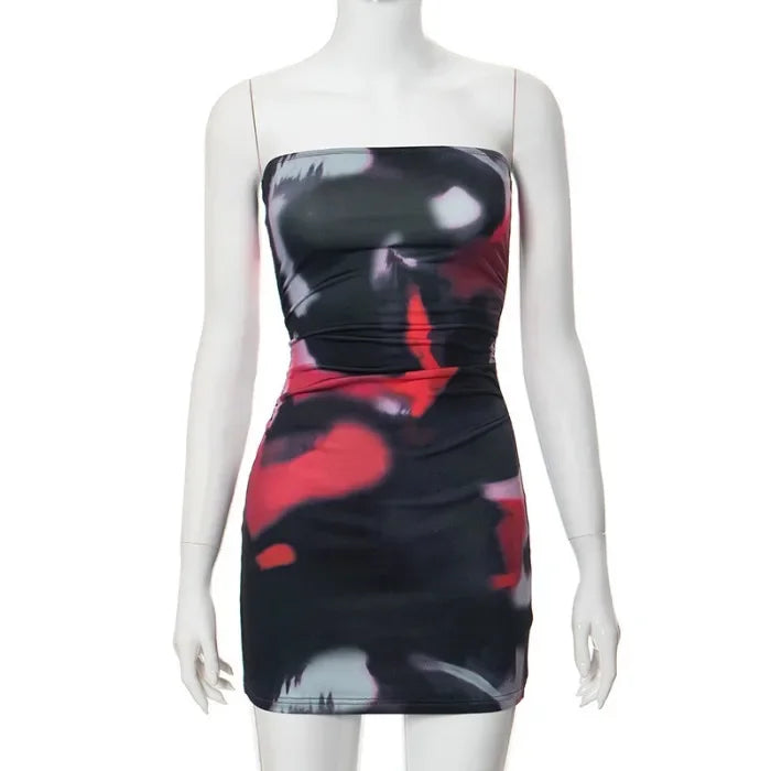 Short Dress for Women Streetwear Fashion Sexy Tight Fitting Backless Skirt Print Strapless Sleeveless Dresses Summer 2025 New