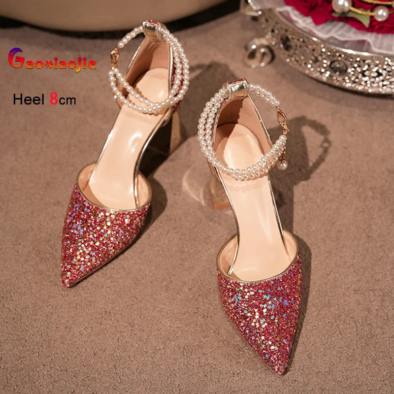 Pearl Embellished High Heel Ankle Strap Sandals for Women