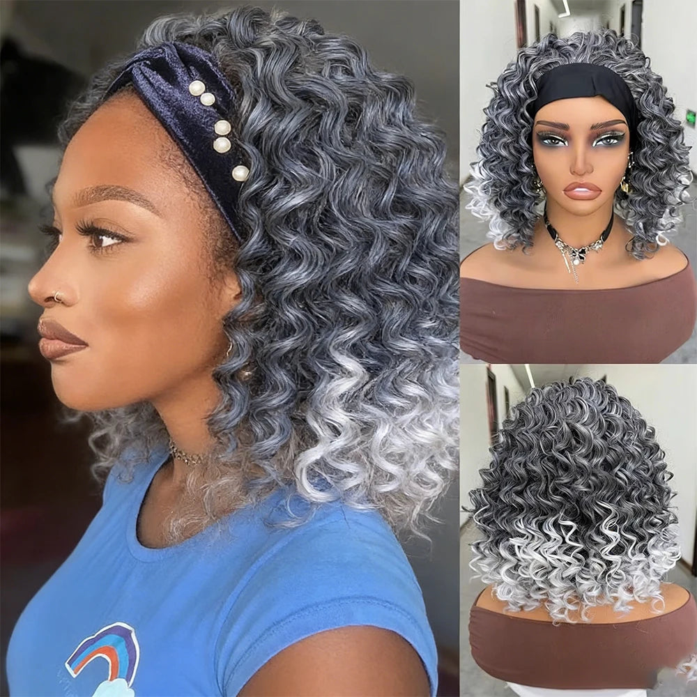 Fluffy Short Wavy Headband Wig In Gray To White Ombre for Women