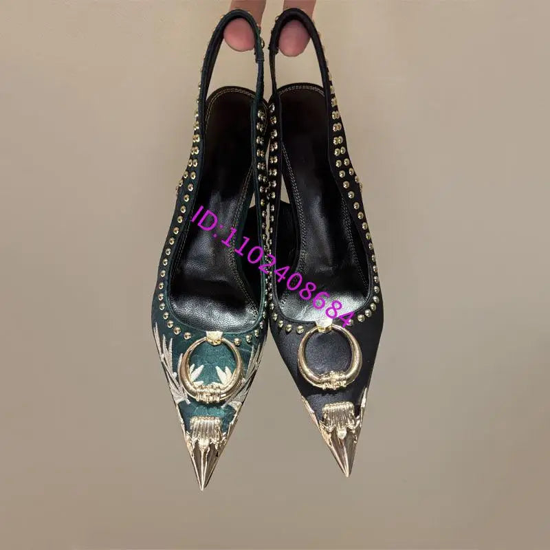 Design Women High Heel Metal Toe Embroidered High Heel Shoes Sexy Lady High Heel Gold Pointed Metal Toe Slingback Stilettos