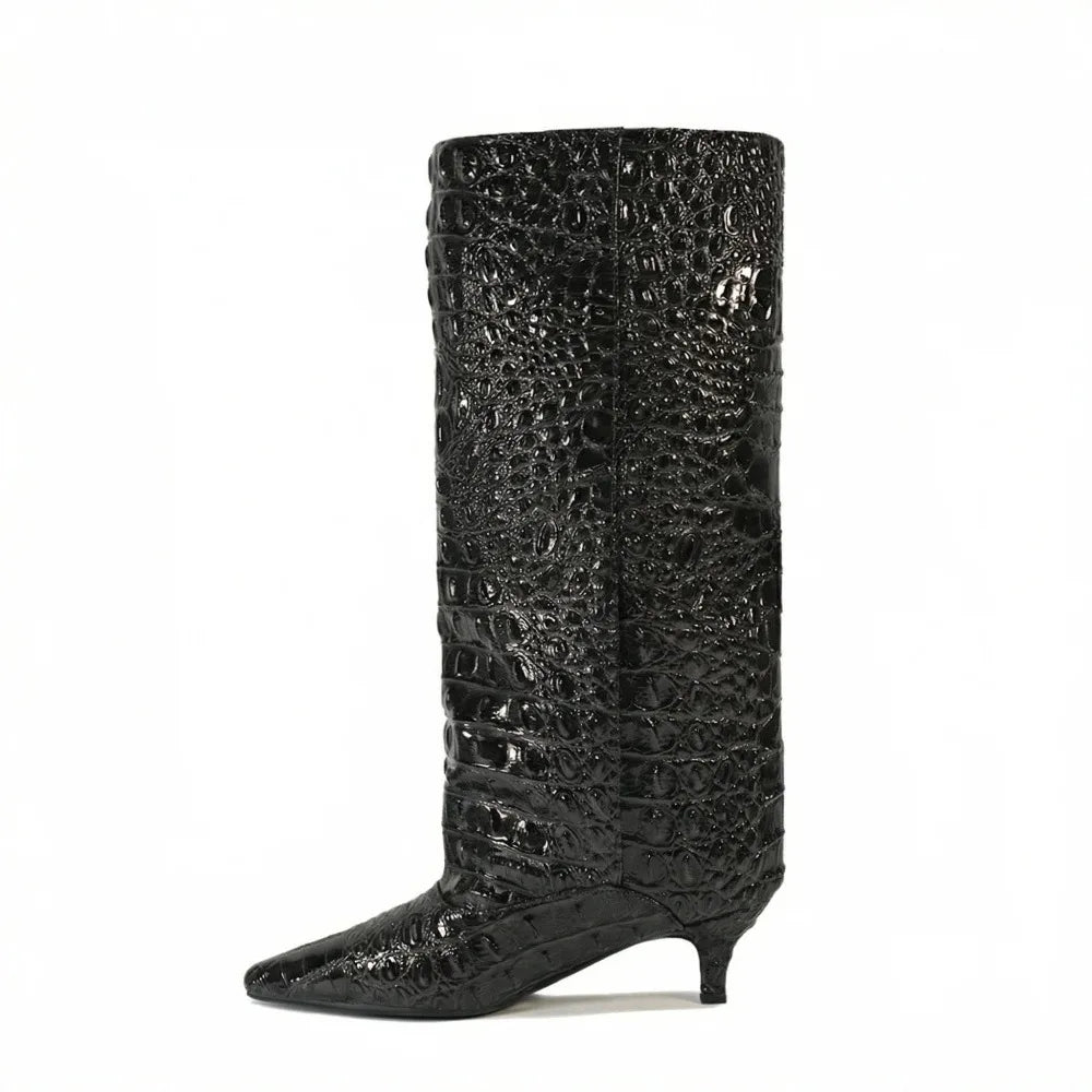 Crocodile Print Wide Shaft Kitten Heel Knee High Boots for Women