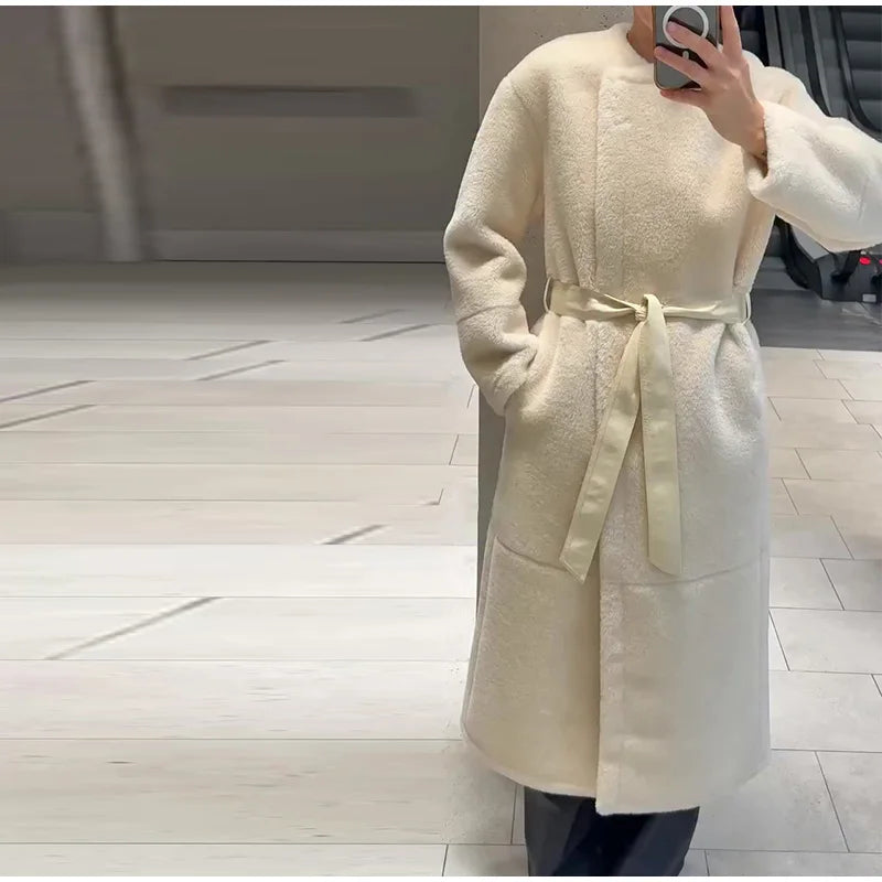 Lace Up Elegant White Faux Fur Long Coat for Women